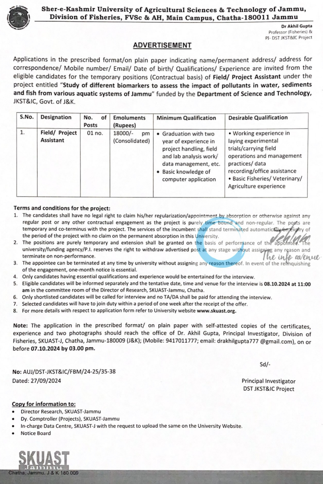 SKUAST Jammu Division of Fisheries Project Assistant Advertisement 2024