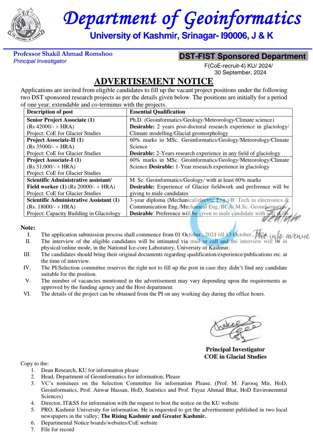 University of Kashmir Deptt of Geoinformatics Senior Project Associate Advertisement Notice 2024