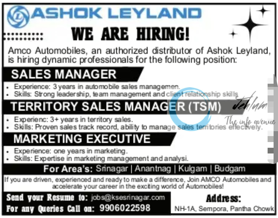 Amco Automobiles Ashok Leyland Kashmir Jobs Vacancy 2024