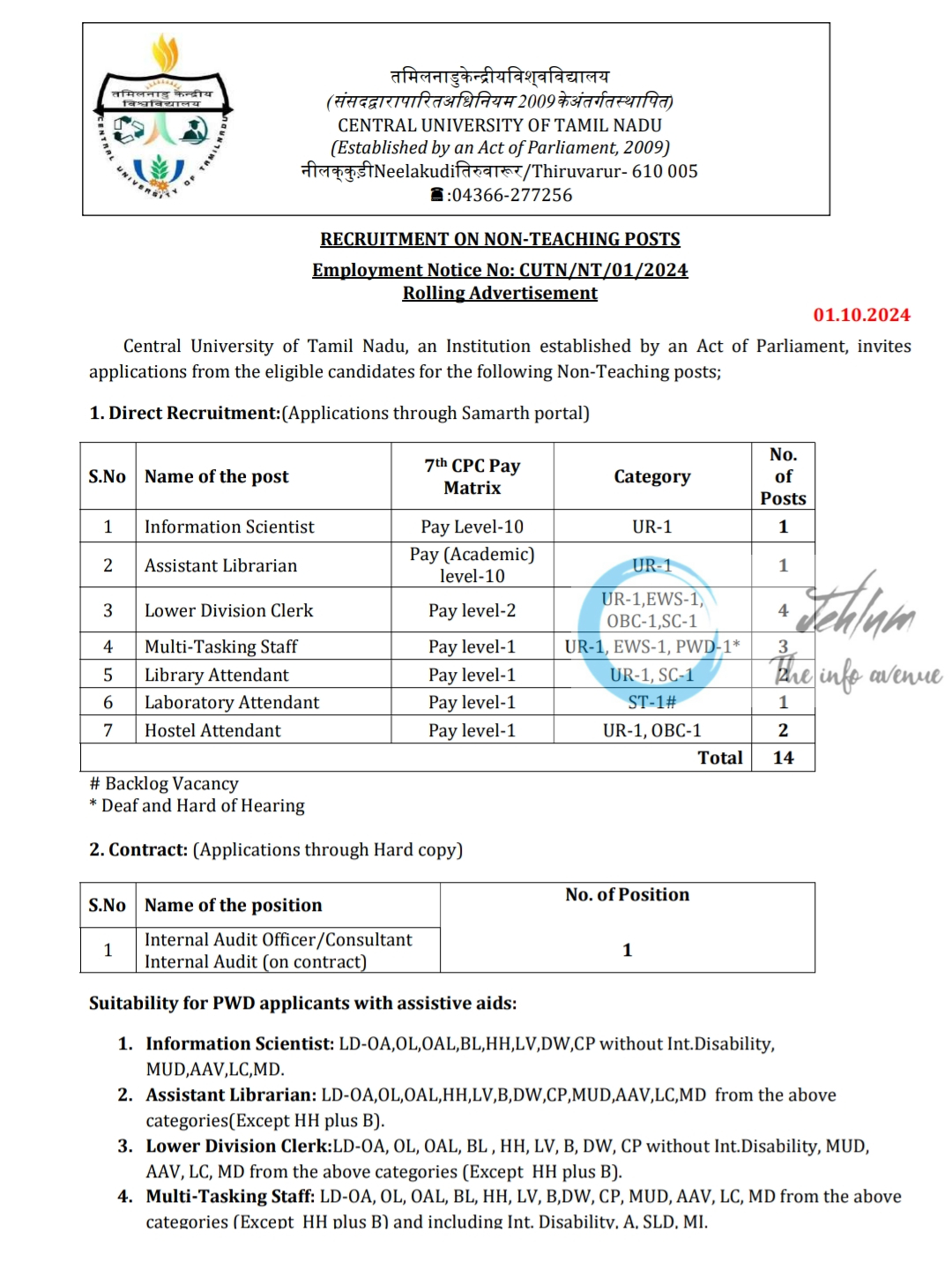 CENTRAL UNIVERSITY OF TAMIL NADU NON-TEACHING POSTS RECRUITMENT EMPLOYMENT NOTICE NO CUTN/NT/01/2024