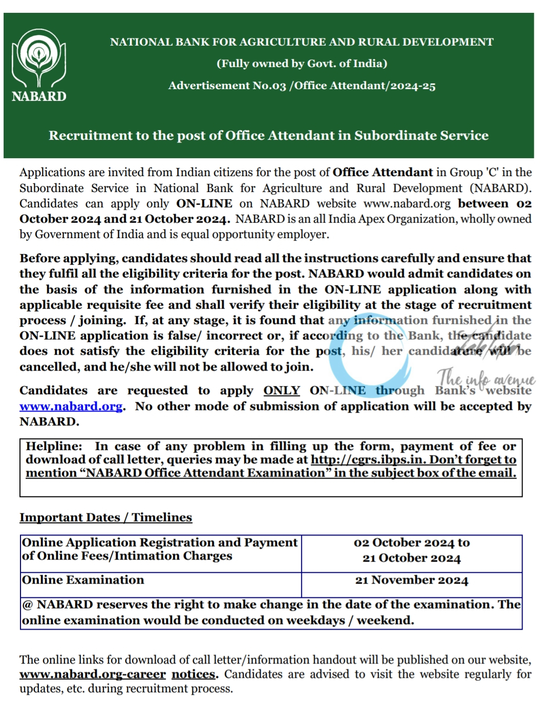 NABARD OFFICE ATTENDANT ADVERTISEMENT NO 03/Office Attendant/2024-25