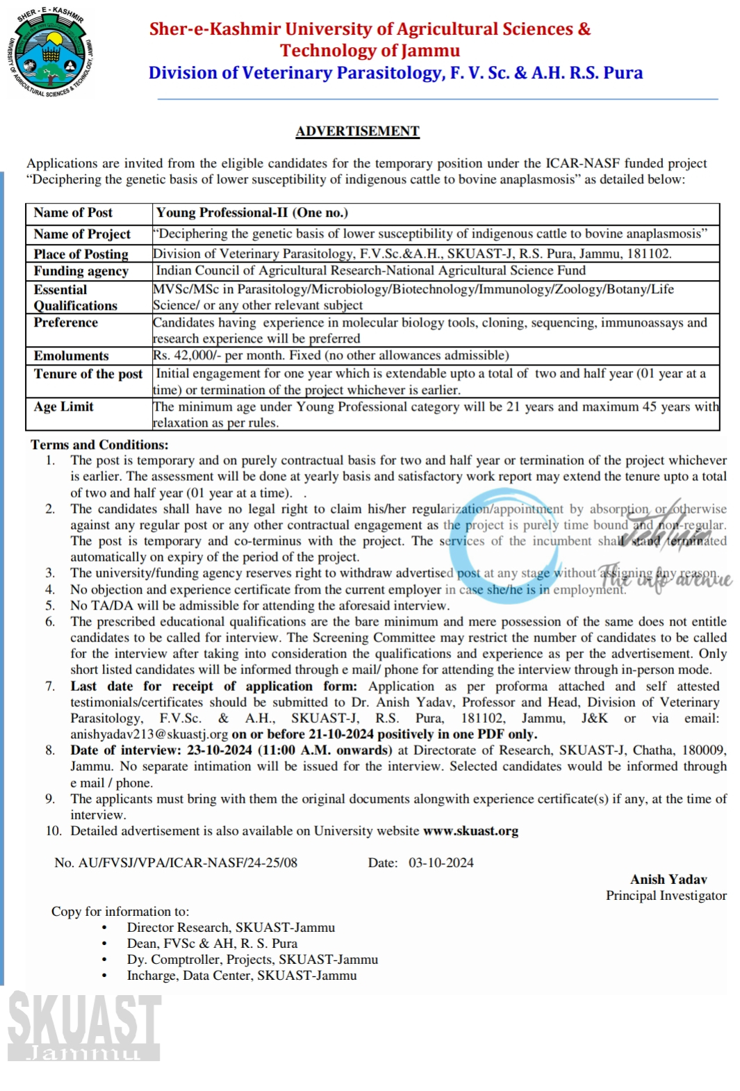 SKUAST Jammu Division of Veterinary Parasitology Young Professional Advertisement Notice No AU/FVSJ/VPA/ICAR-NASF/24-25/08