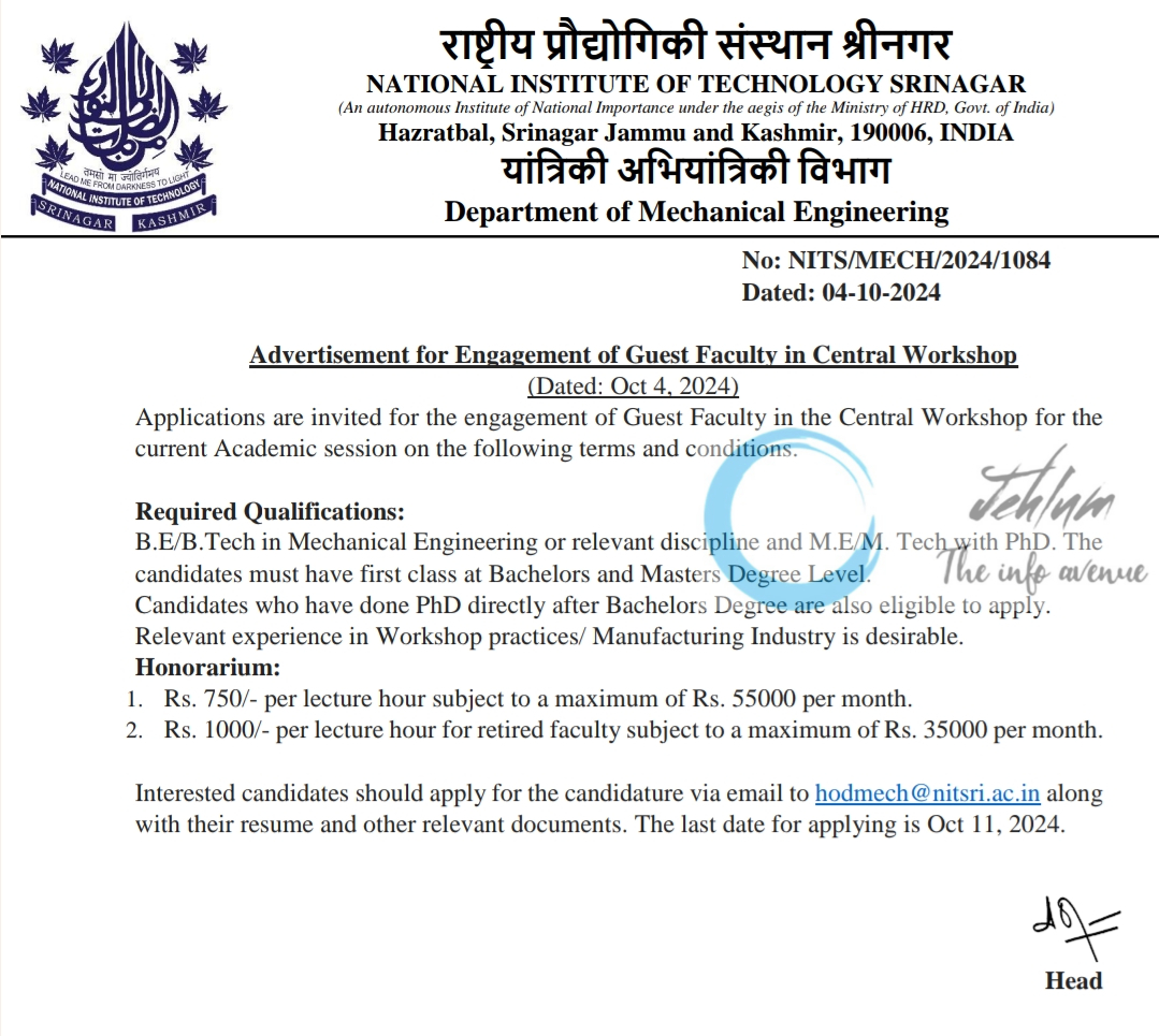 NIT Srinagar Deptt of Mechanical Engineering Guest Faculty Advertisement No NITS/MECH/2024/1084