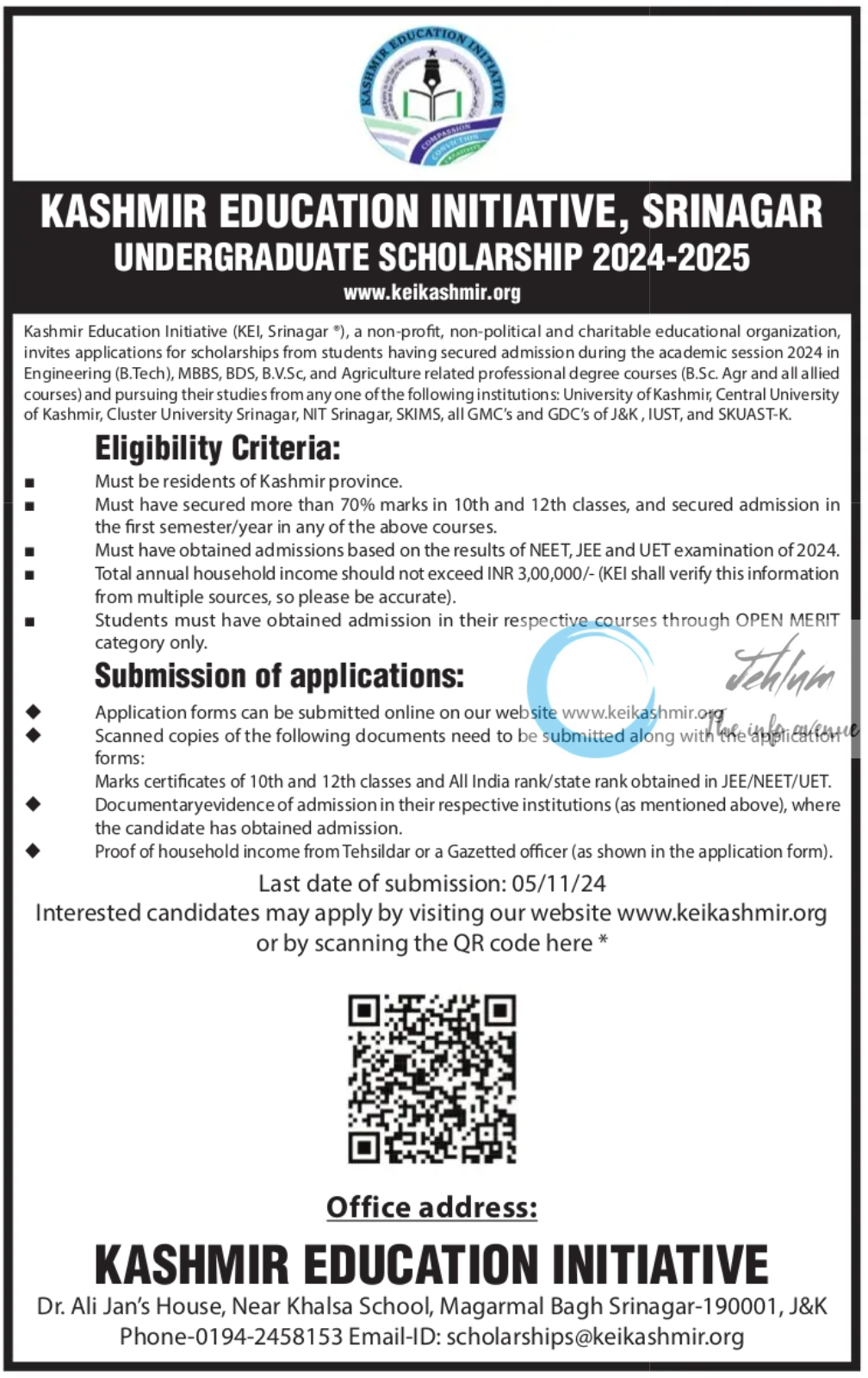 KASHMIR EDUCATION INITIATIVE KEI SRINAGAR UNDERGRADUATE SCHOLARSHIP 2024-2025