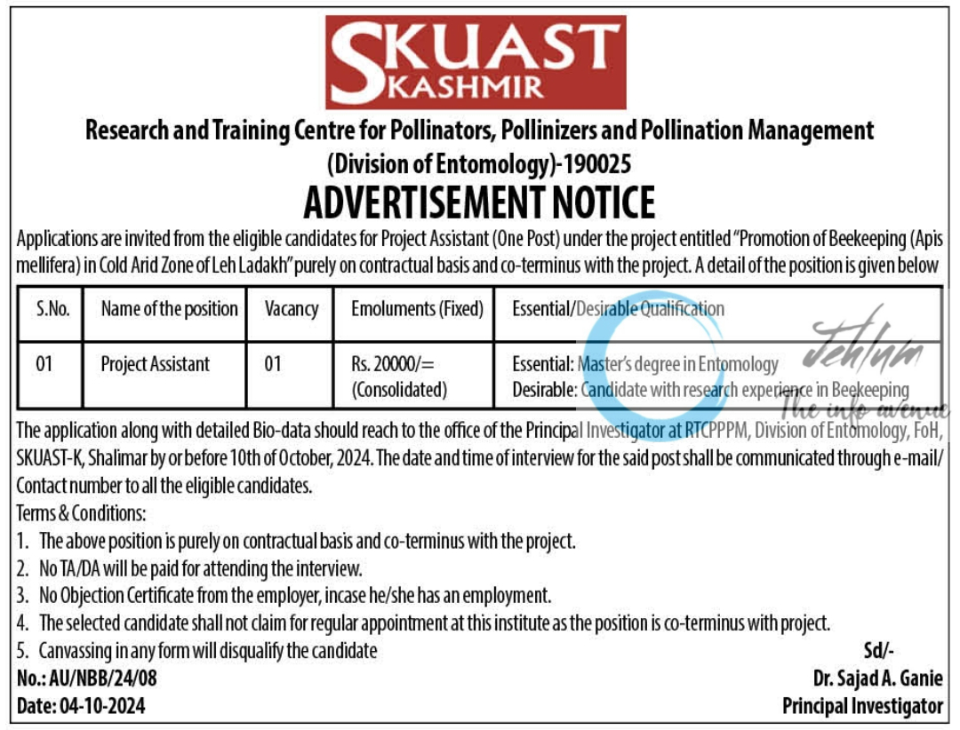 SKUAST Kashmir Division of Entomology Advertisement Notice No AU/NBB/24/08