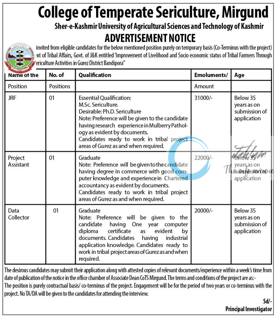 SKUAST Kashmir College of Temperate Sericulture Mirgund Advertisement Notice 2024