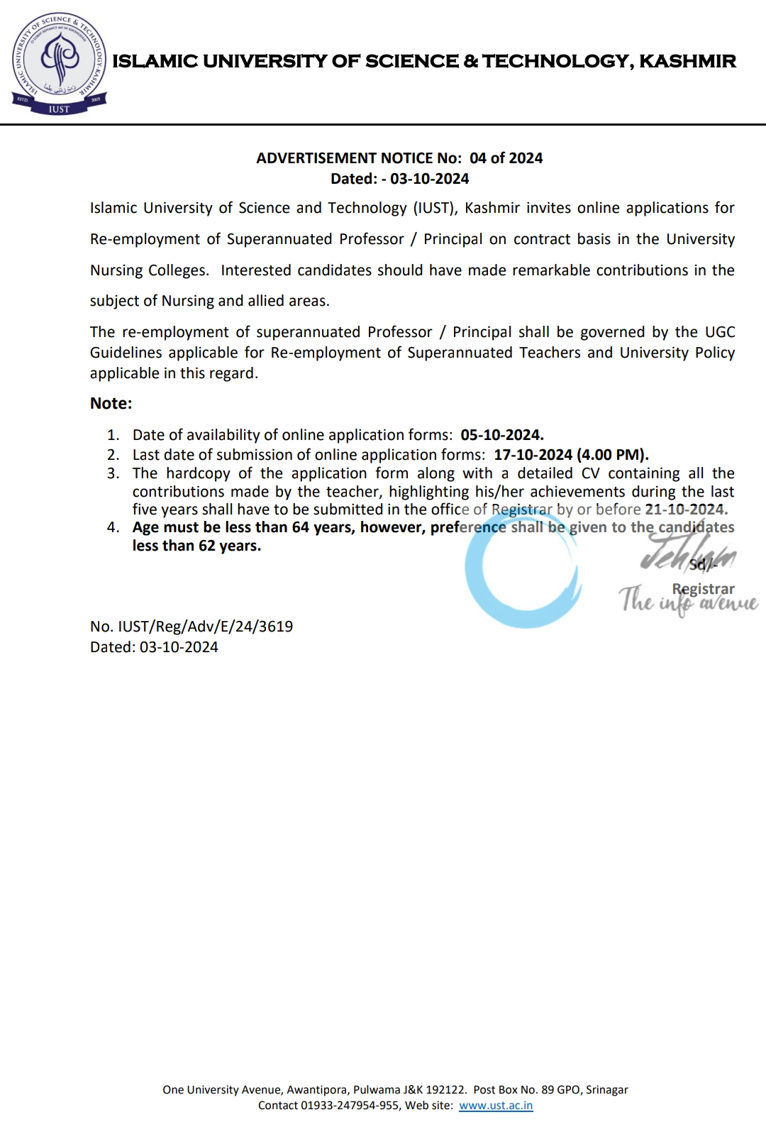 IUST KASHMIR ADVERTISEMENT NOTICE NO 04 OF 2024