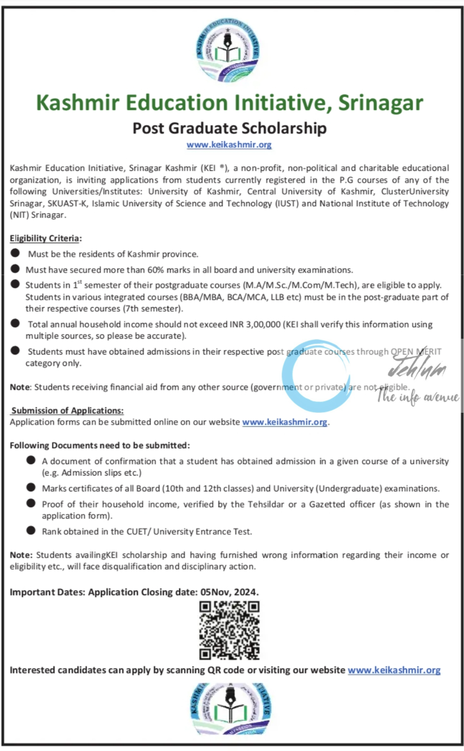 Kashmir Education Initiative KEI Srinagar Post Graduate Scholarship Notification 2024