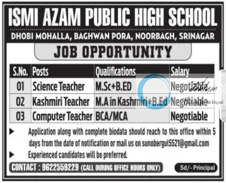 ISMI AZAM PUBLIC HIGH SCHOOL SRINAGAR JOBS OPPORTUNITY 2024