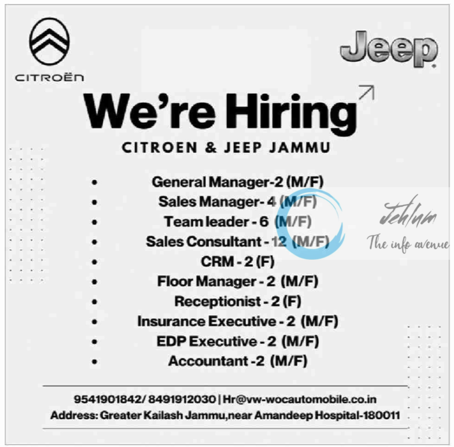 CITROEN & JEEP JAMMU JOBS VACANCIES 2024