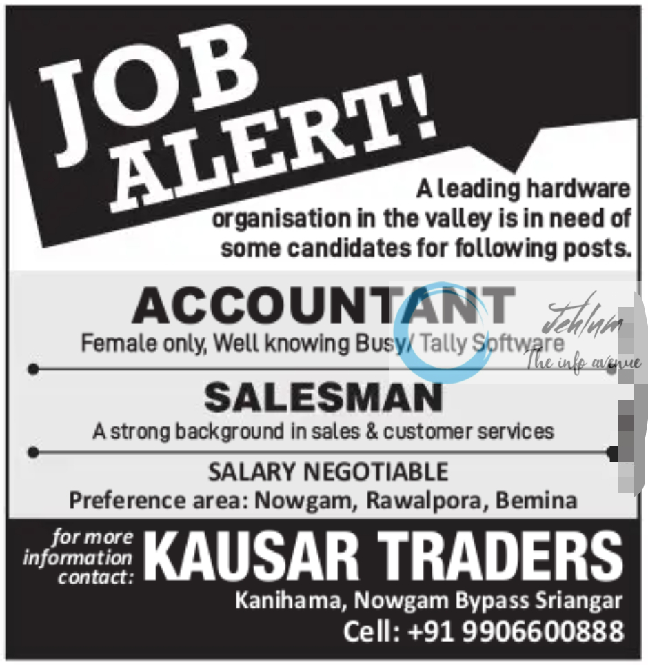 KAUSAR TRADERS SRINAGAR JOBS OPENINGS 2024