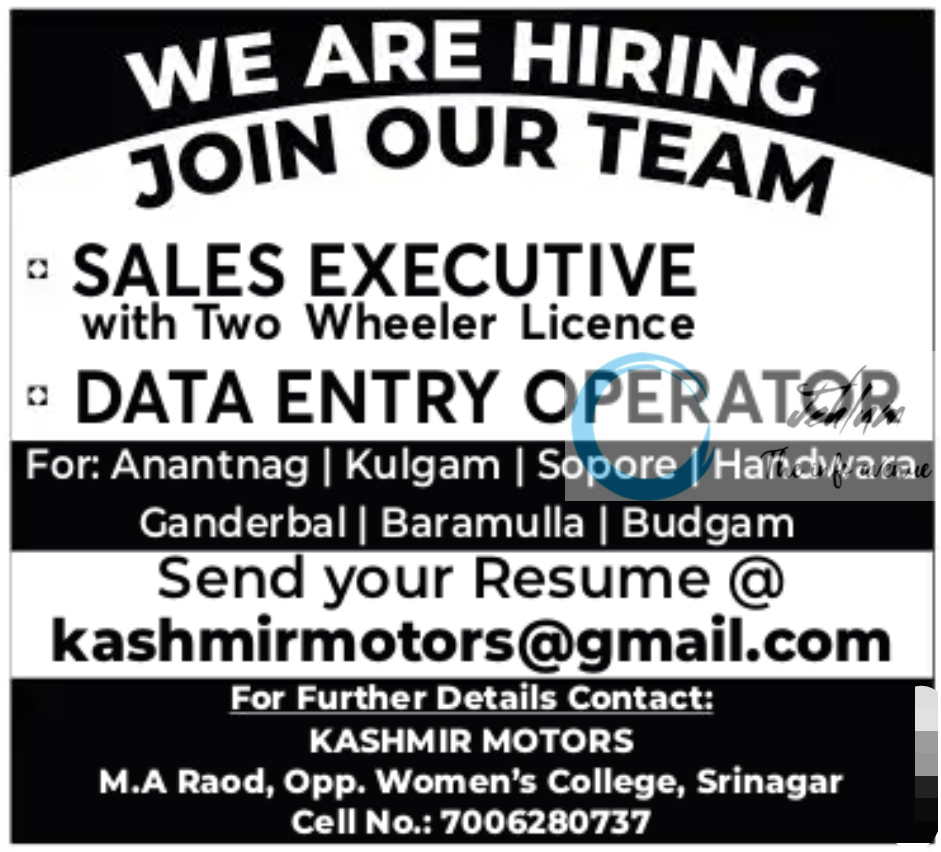 KASHMIR MOTORS SRINAGAR JOBS OPENINGS 2024