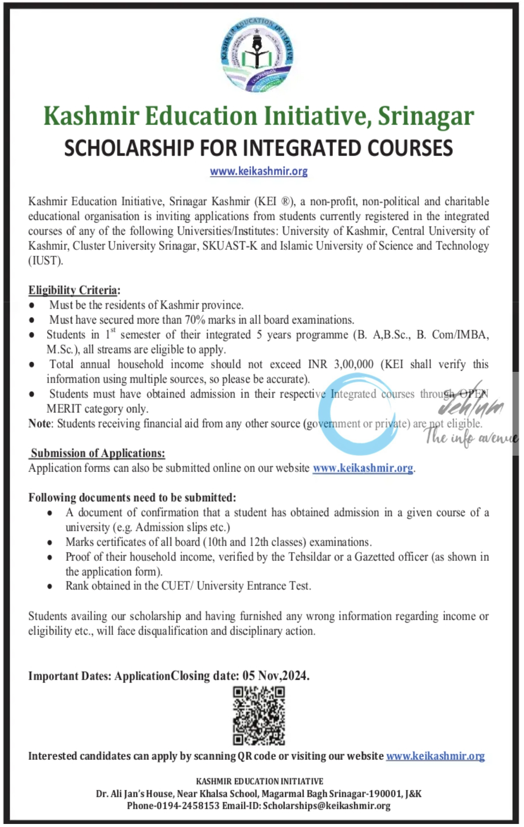 Kashmir Education Initiative KEI Srinagar Integrated Courses Scholarships 2024