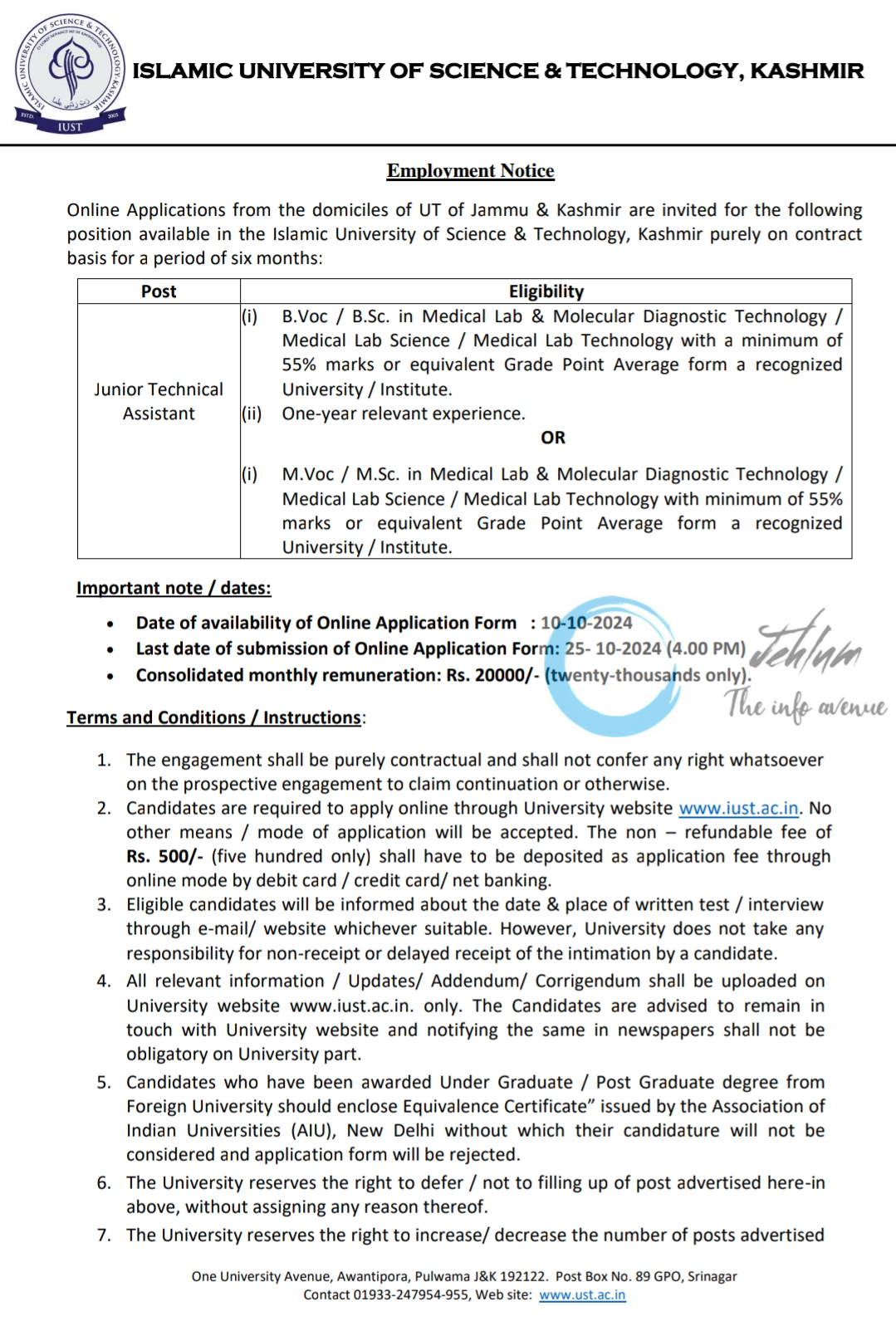 IUST Kashmir Junior Technical Assistant Employment Notice 2024