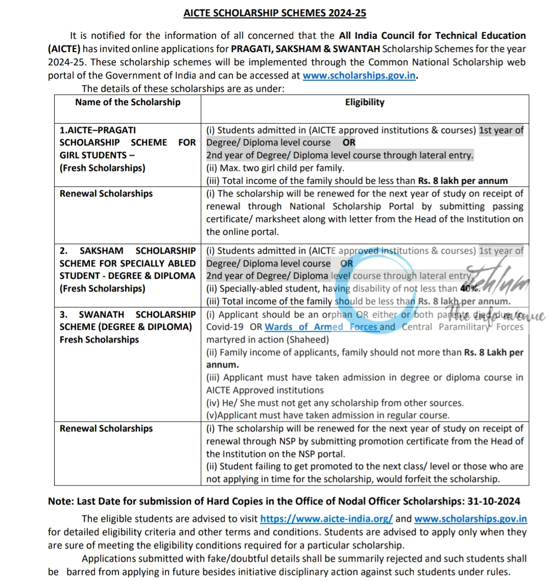 AICTE PRAGATI SAKSHAM & SWANTAH SCHOLARSHIP SCHEMES 2024-25