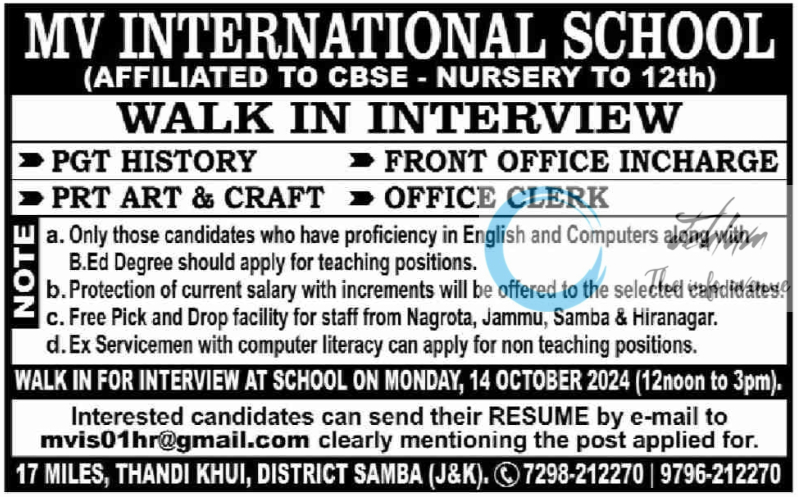 MV INTERNATIONAL SCHOOL SAMBA JOBS WALK IN INTERVIEW 2024