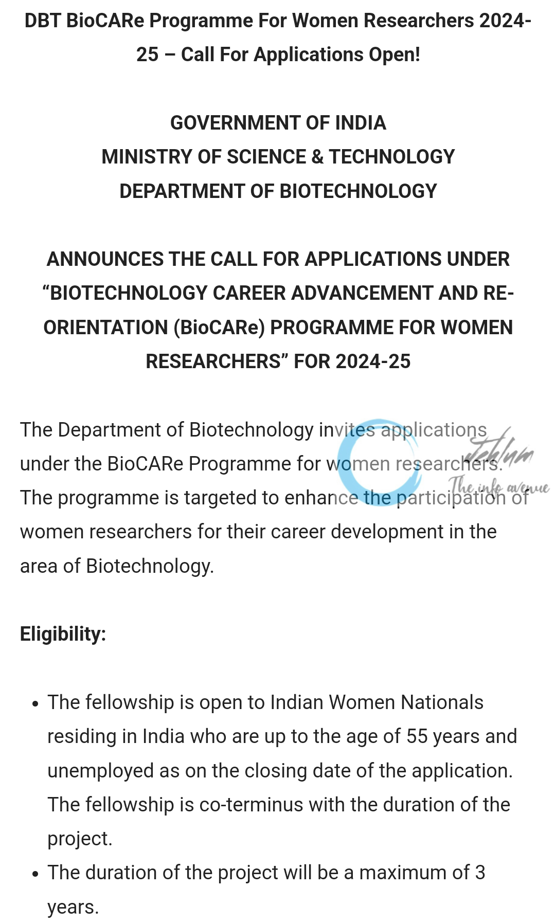 MINISTRY OF SCIENCE & TECHNOLOGY DEPTT OF BIOTECHNOLOGY DBT BioCARe Programme For Women Researchers 2024-25