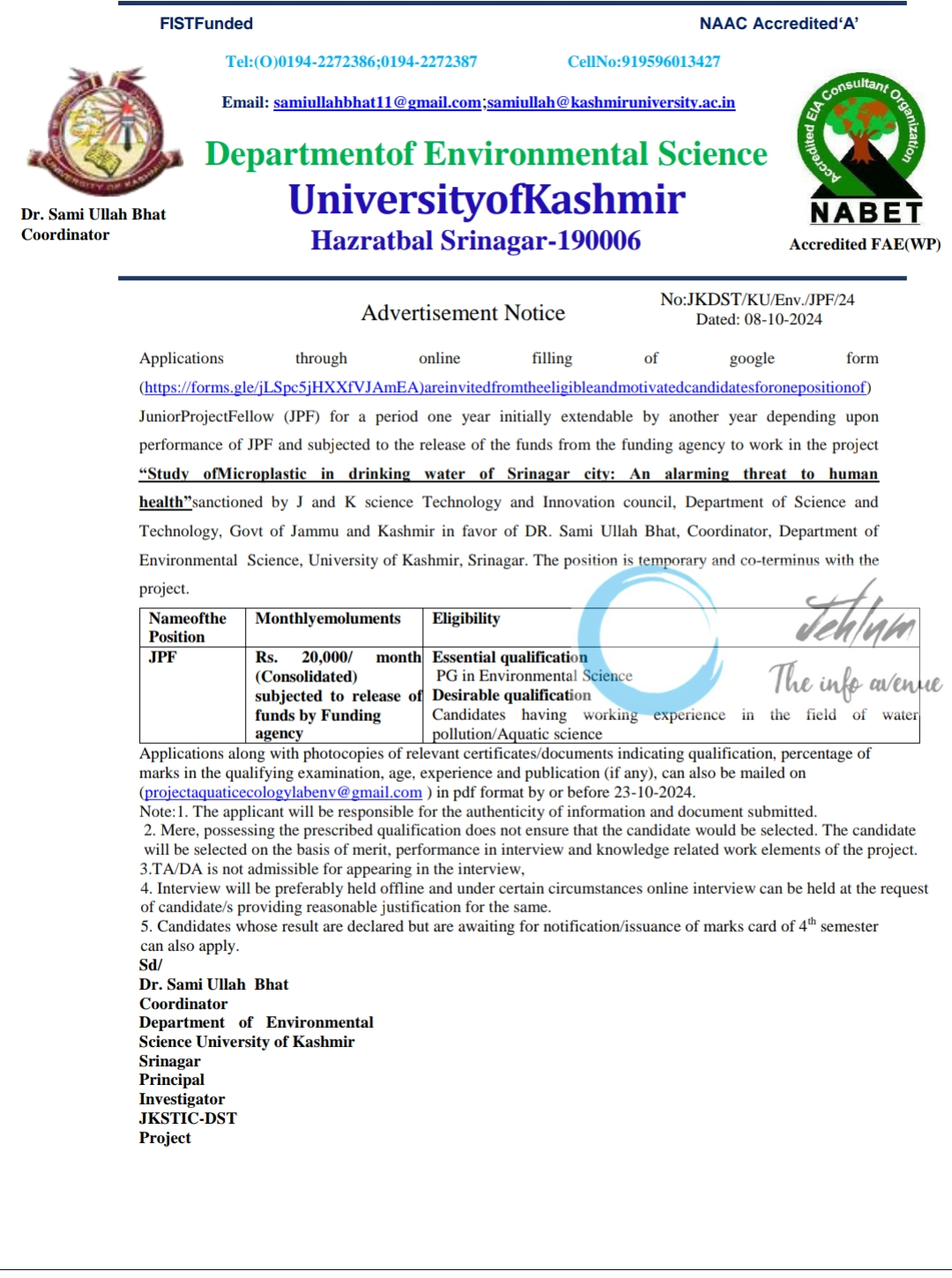 University of Kashmir Deptt of Environmental Science Advertisement Notice No JKDST/KU/Env/JPF/24