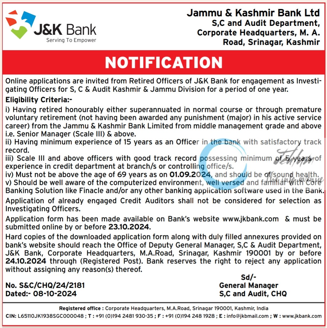 J&K Bank Investigating Officers Recruitment Advertisement Notice 2024