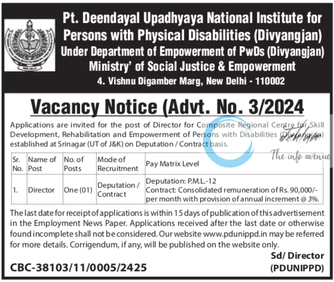 Pt Deendayal Upadhyaya National Institute for Persons with Physical Disabilities Vacancy Notice Srinagar Director Recruitment Advt No 3/2024