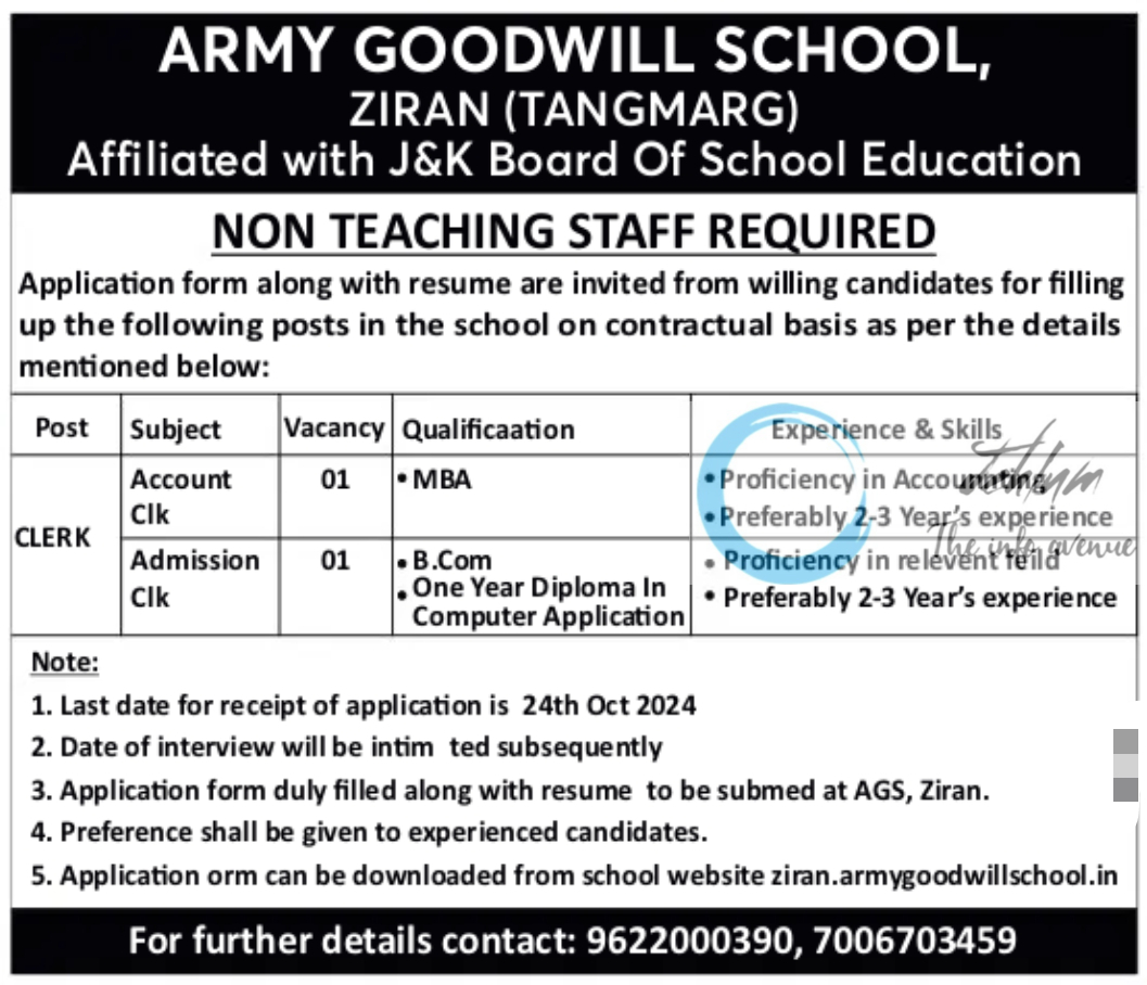 ARMY GOODWILL SCHOOL AGS ZIRAN TANGMARG NON TEACHING JOBS ADVERTISEMENT 2024