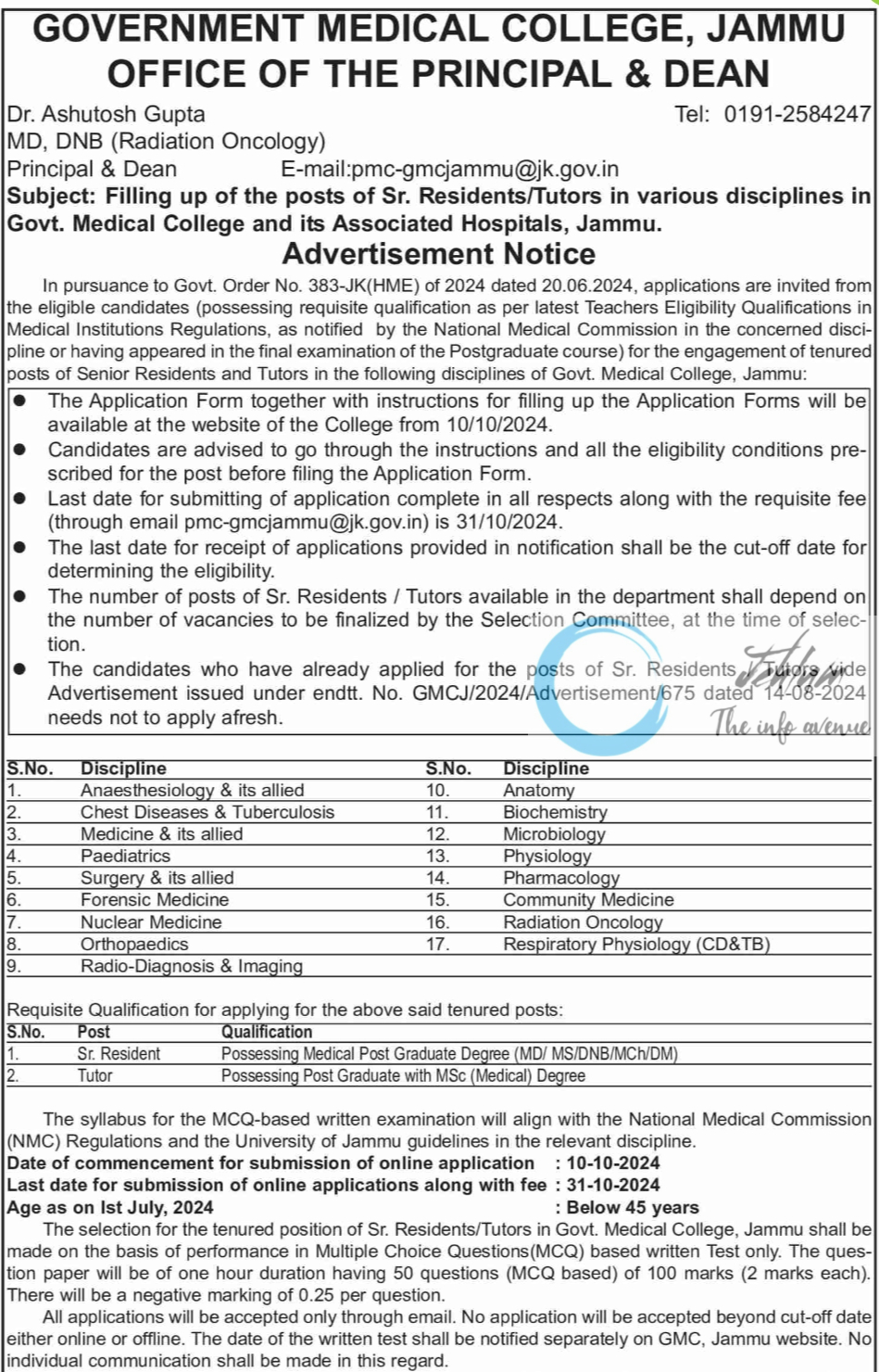 GMC Jammu Sr Residents/Tutors Advertisement Notice 2024