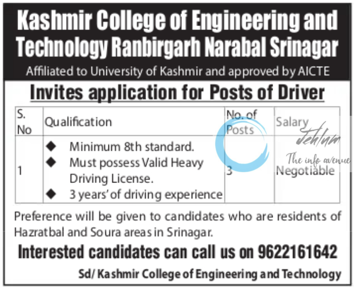 Kashmir College of Engineering and Technology Srinagar Jobs 2024