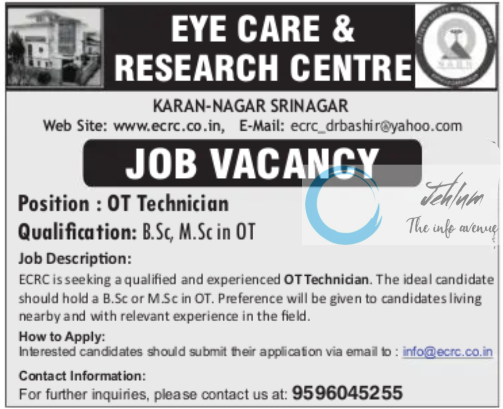 EYE CARE & RESEARCH CENTRE SRINAGAR JOB VACANCY 2024