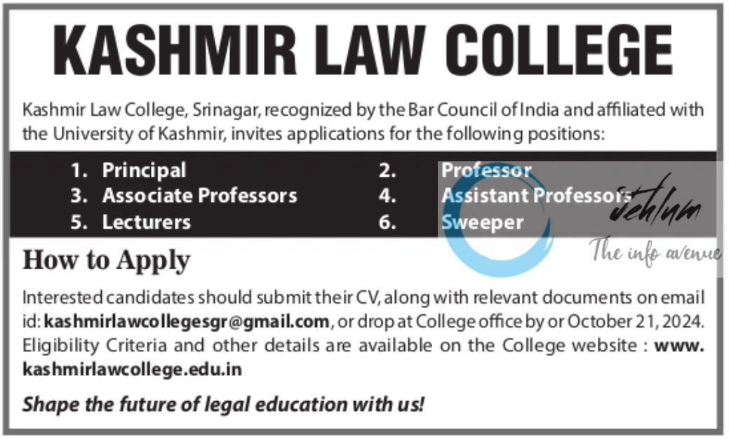 KASHMIR LAW COLLEGE SRINAGAR JOBS ADVERTISEMENT 2024