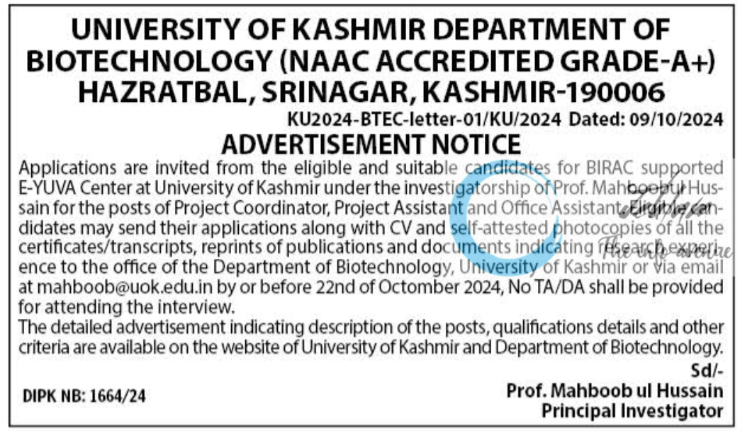 UNIVERSITY OF KASHMIR DEPTT OF BIOTECHNOLOGY SRINAGAR ADVERTISEMENT NOTICE 2024