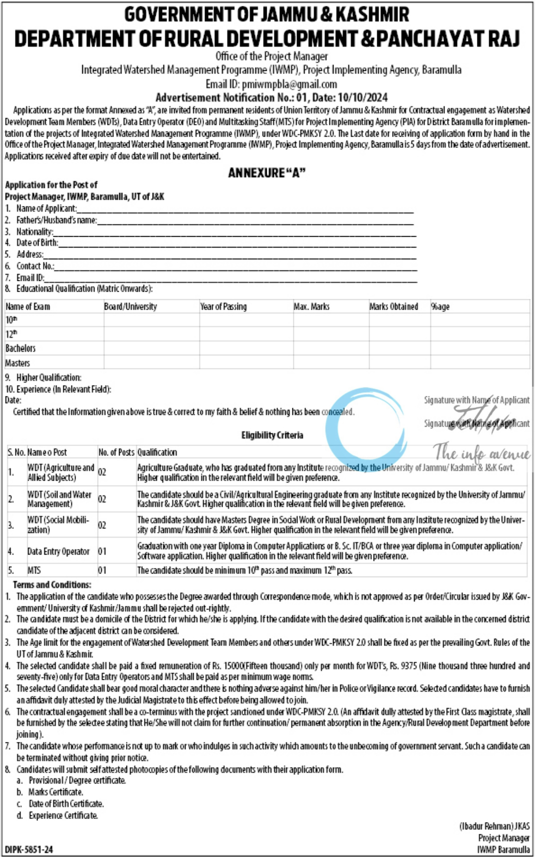 DEPARTMENT OF RURAL DEVELOPMENT & PANCHAYAT RAJ IWMP BARAMULLA ADVERTISEMENT NOTIFICATION NO 01 OF 2024