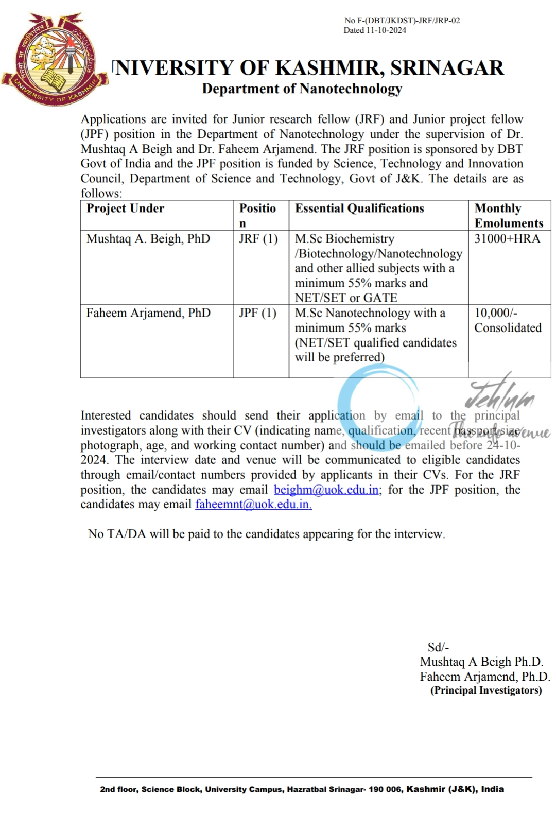 UNIVERSITY OF KASHMIR Deptt of Nanotechnology JRF/JPF Advertisement Notice 2024