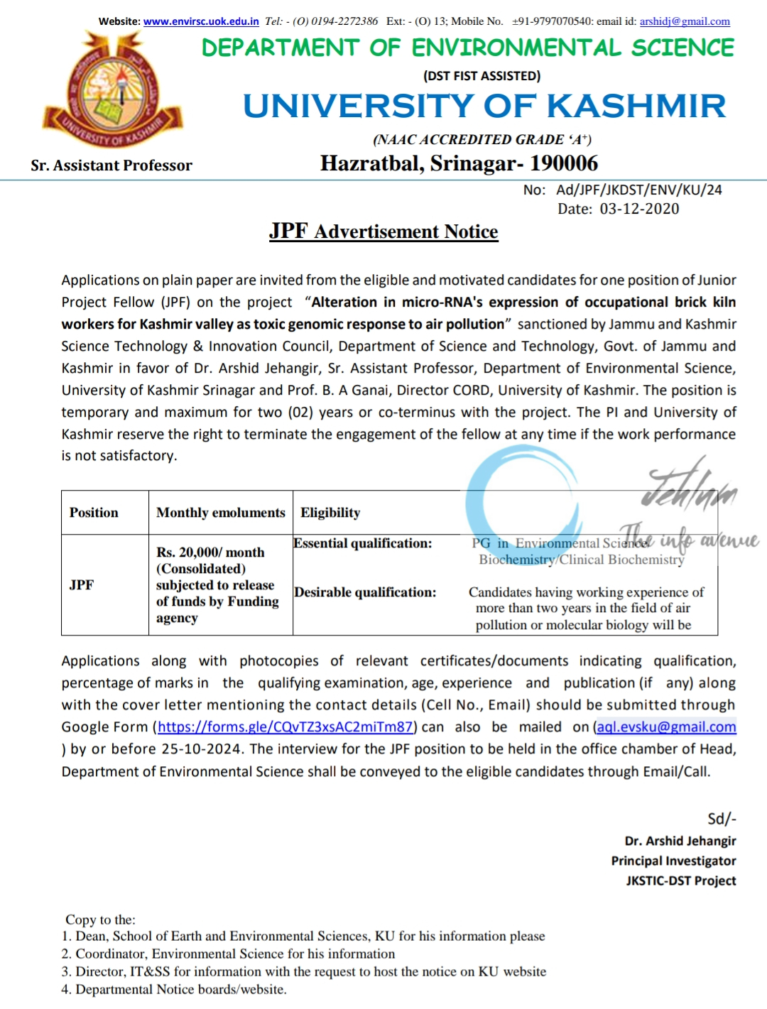 UNIVERSITY OF KASHMIR DEPTT OF ENVIRONMENTAL SCIENCE JPF Advertisement Notice No Ad/JPF/JKDST/ENV/KU/24