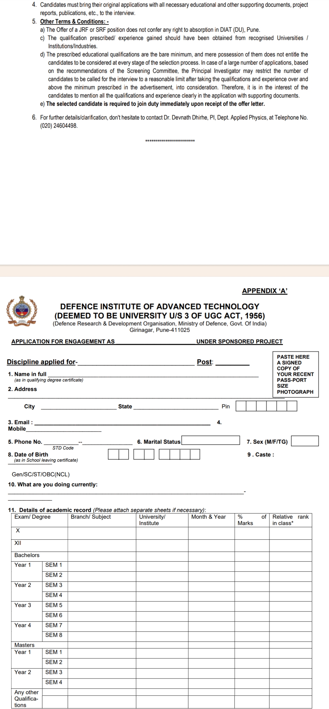 DEFENCE INSTITUTE OF ADVANCED TECHNOLOGY DIAT RECRUITMENT ADVT NO 41-2024/JRF/SRF/DIAT