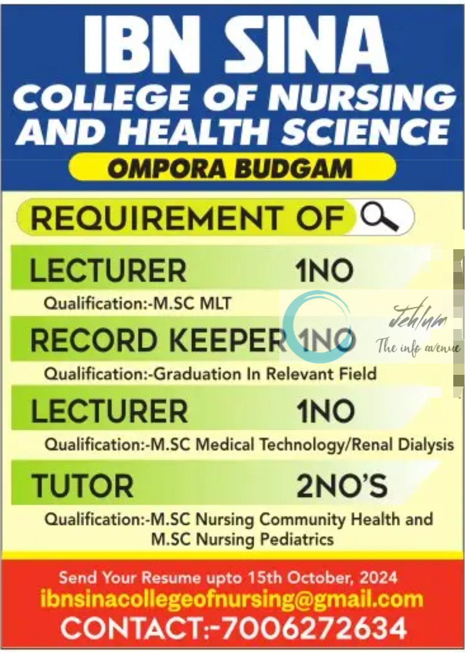 IBN SINA COLLEGE OF NURSING AND HEALTH SCIENCE BUDGAM JOBS 2024