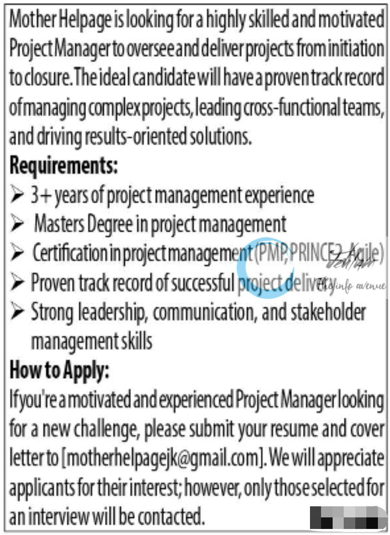 Mother Helpage Srinagar Project Manager Jobs Vacancy 2024