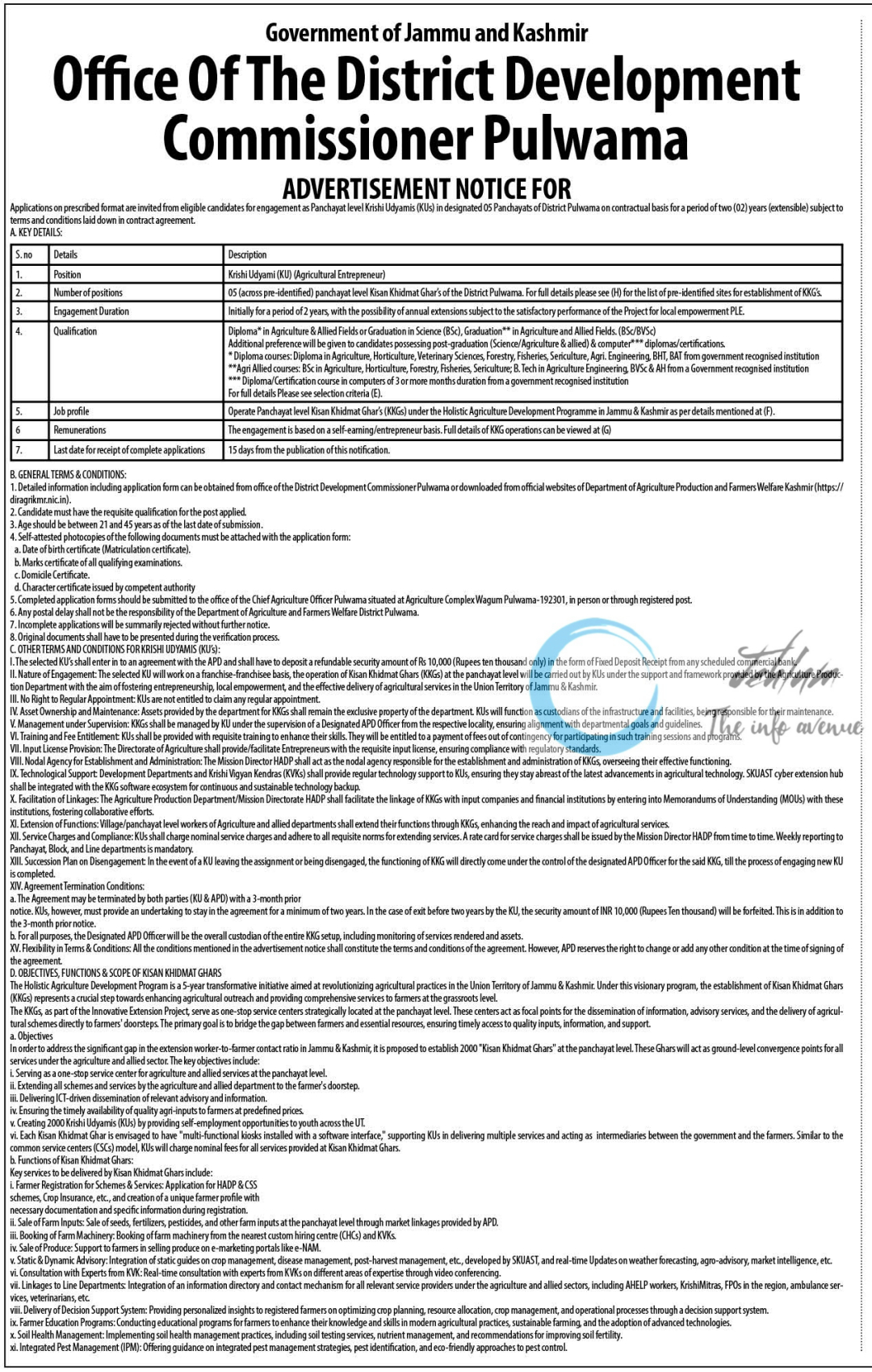 District Development Commissioner Pulwama Krishi Udyamis Advertisement Notice 2024