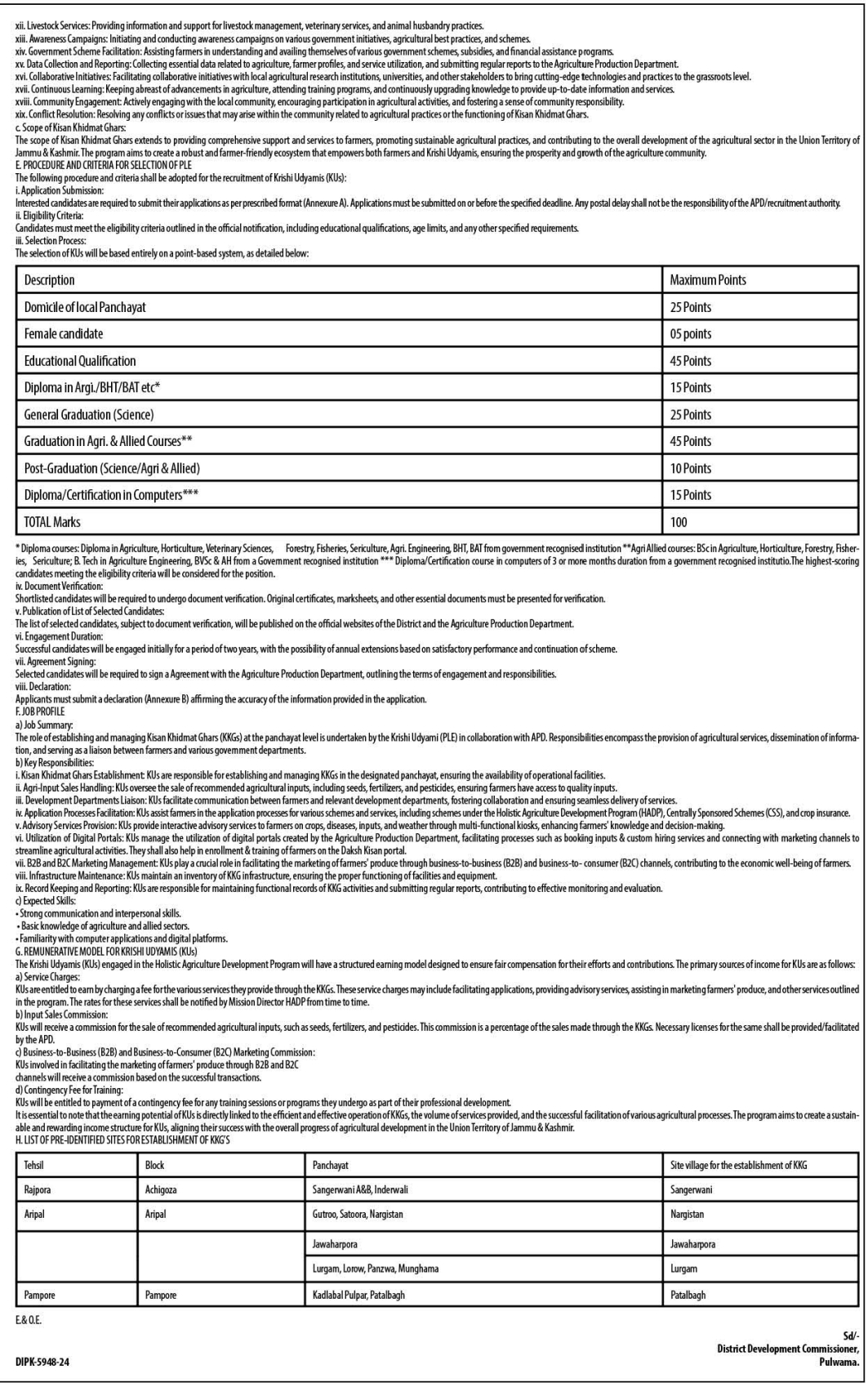 District Development Commissioner Pulwama Krishi Udyamis Advertisement Notice 2024