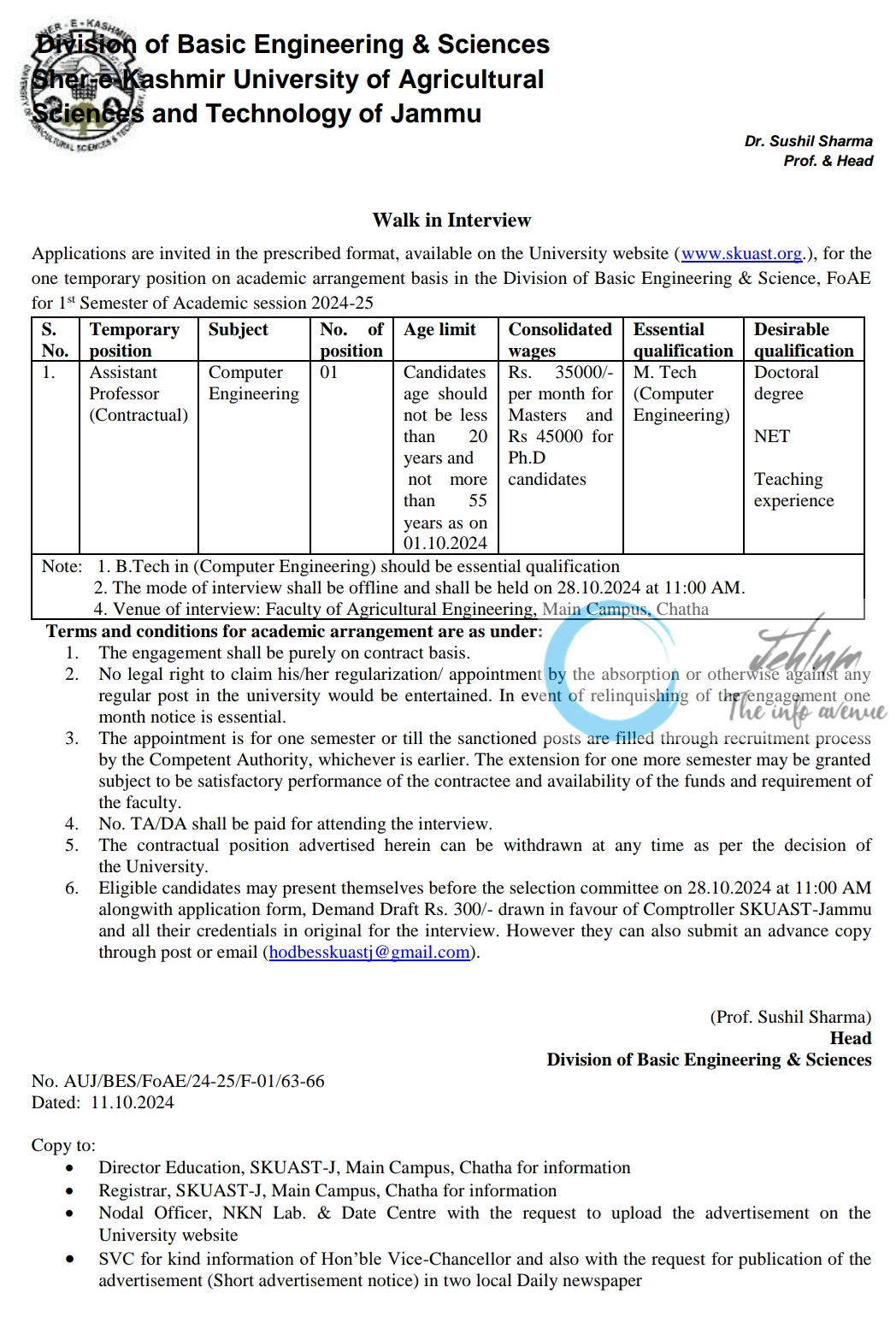 SKUAST Jammu Division of Basic Engineering and Sciences Academic Arrangement Walk-in-Interview 2024