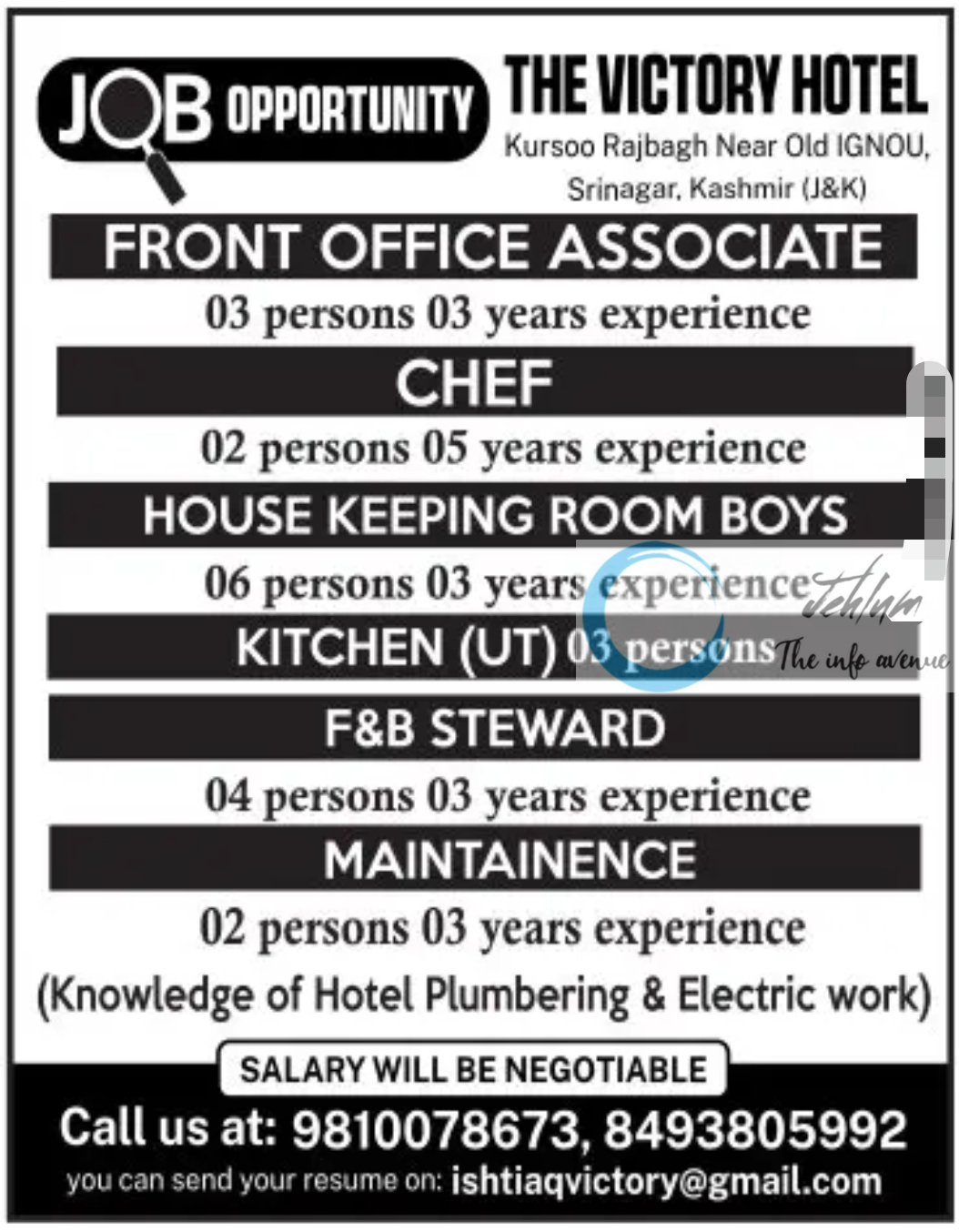 THE VICTORY HOTEL SRINAGAR JOBS OPPORTUNITY 2024