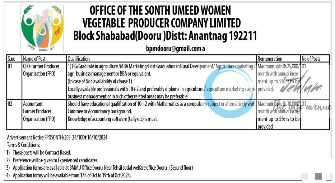 SONTH UMEED WOMEN VEGETABLE PRODUCER COMPANY LIMITED ANANTNAG JOBS ADVERTISEMENT 2024