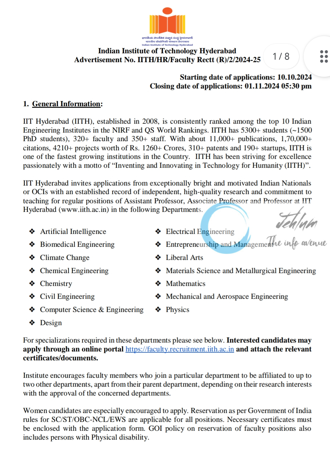 IIT Hyderabad Advertisement No IITH/HR/Faculty Rectt R/2/2024-25