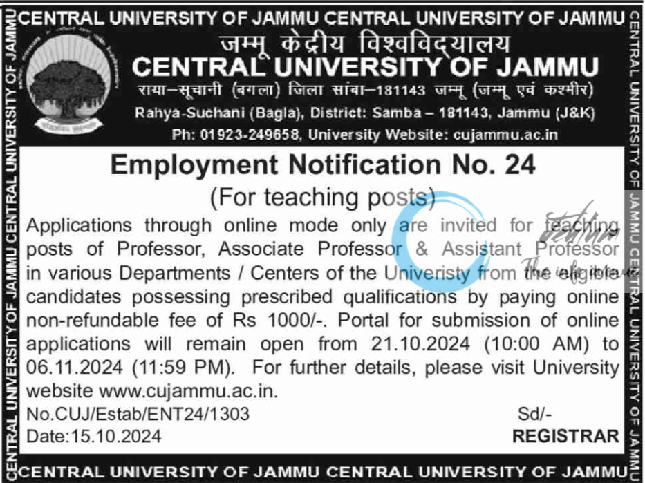 CENTRAL UNIVERSITY OF JAMMU Employment Notification No 24 of 2024