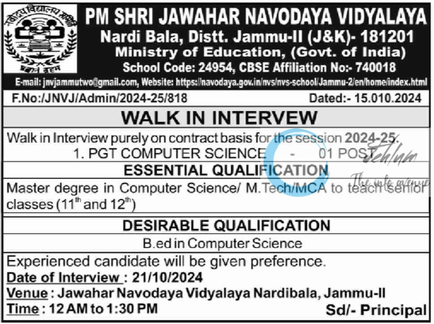 JAWAHAR NAVODAYA VIDYALAYA JNV JAMMU-II WALK IN INTERVEW F No /JNVJ/Admin/2024-25/818