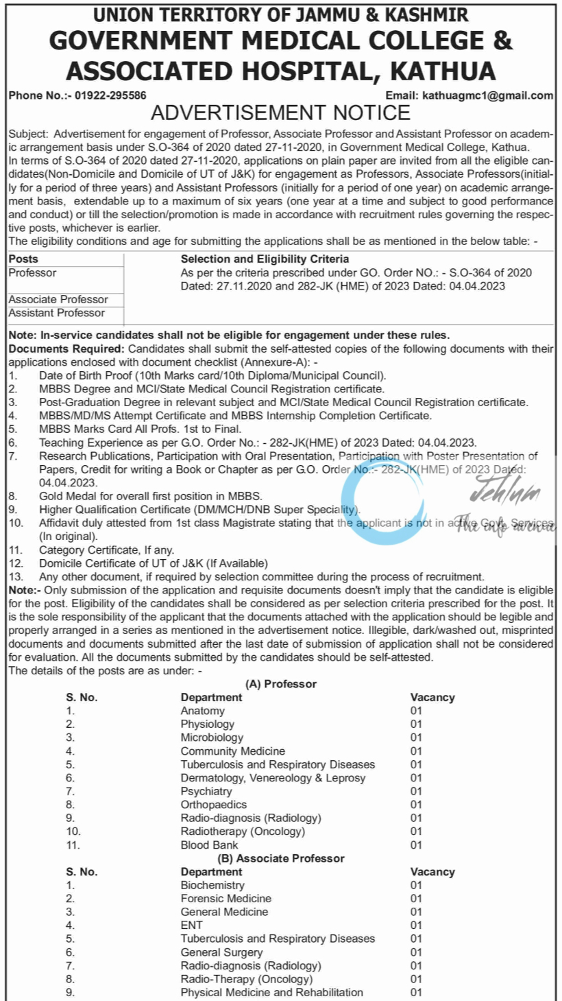 GMC KATHUA PROFESSORS AND ASSISTANT/ASSOCIATE PROFESSORS RECRUITMENT ADVERTISEMENT NOTICE 2024