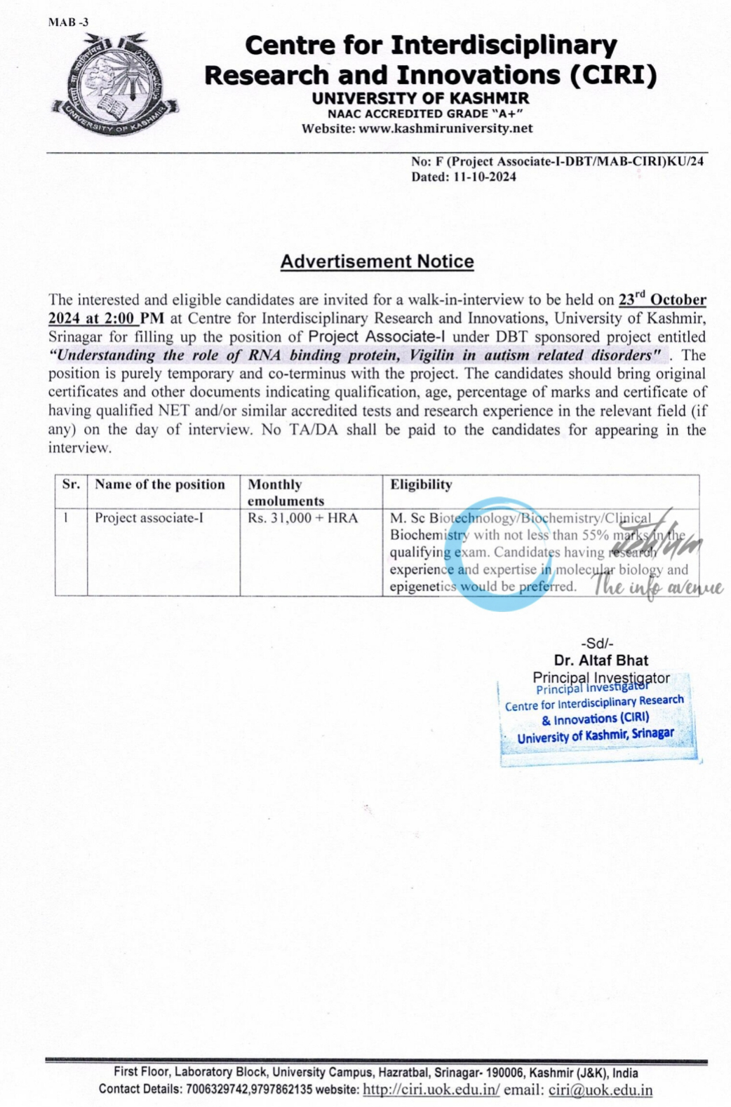 UNIVERSITY OF KASHMIR Centre for Interdisciplinary Research and Innovations CIRI Advertisement Notice No F Project Associate-I-DBT/MAB-CIRI KU/24