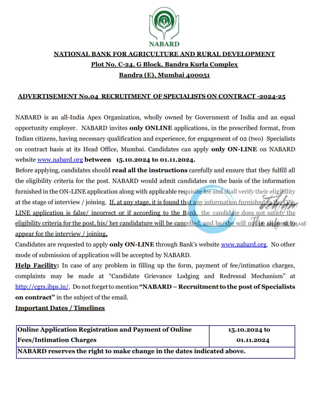 NABARD ADVERTISEMENT NO 04 RECRUITMENT OF SPECIALISTS ON CONTRACT-2024-25