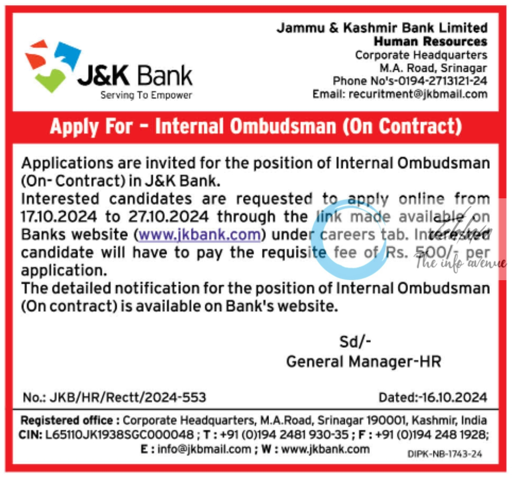 Jammu & Kashmir JK Bank Internal Ombudsman Jobs Advertisement Notice 2024