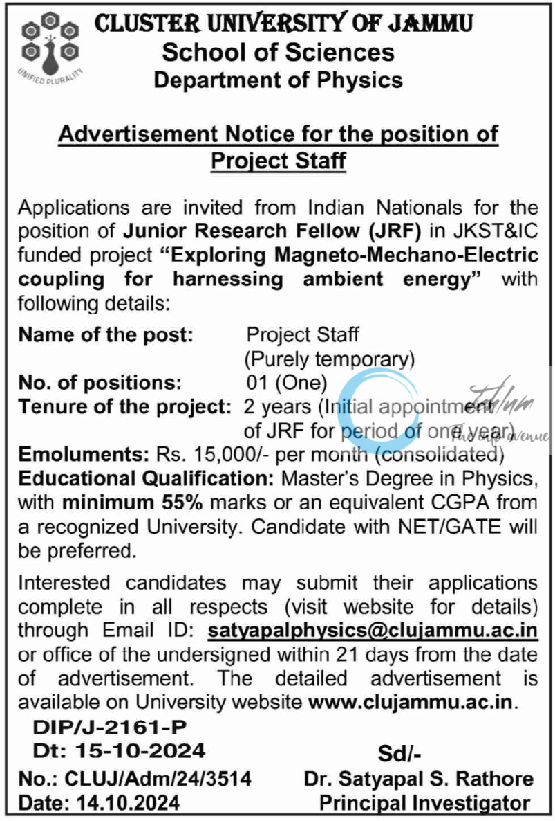 CLUSTER UNIVERSITY OF JAMMU DEPTT Of PHYSICS ADVERTISEMENT NOTICE NO CLUJ/Adm/24/3514