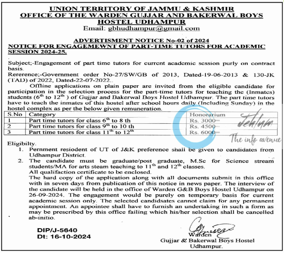 GUJJAR AND BAKERWAL BOYS HOSTEL UDHAMPUR PART-TIME TUTORS ADVERTISMENT NOTICE NO 02 OF 2024